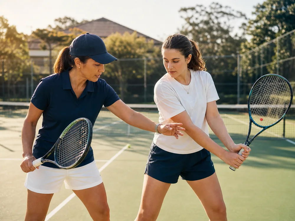 Independent tennis coach giving practical instruction on court